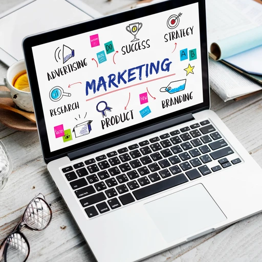 Marketing planning on a laptop.